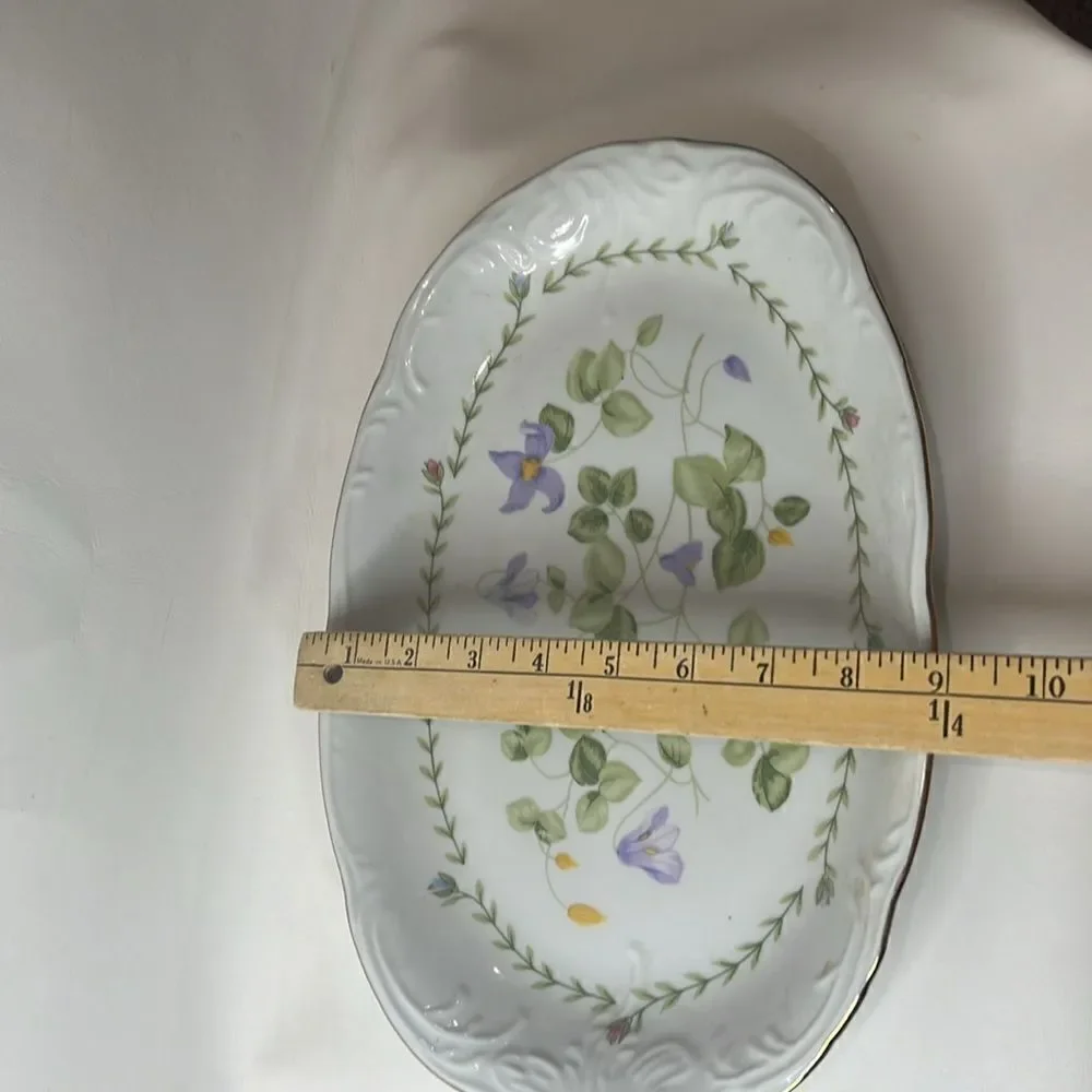 Tienshan Fine China Oval 13 X 9 Inches Serving Storing Platter White Green Purpl